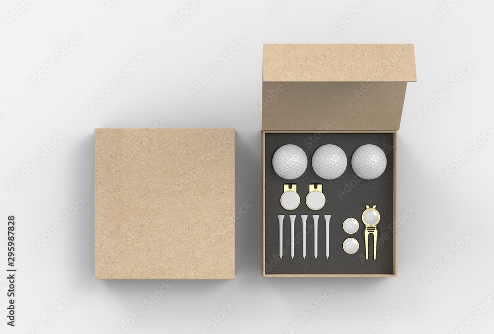 Blank golf accessory gift set box for branding. 3d render illustration.  Illustration Stock | Adobe Stock