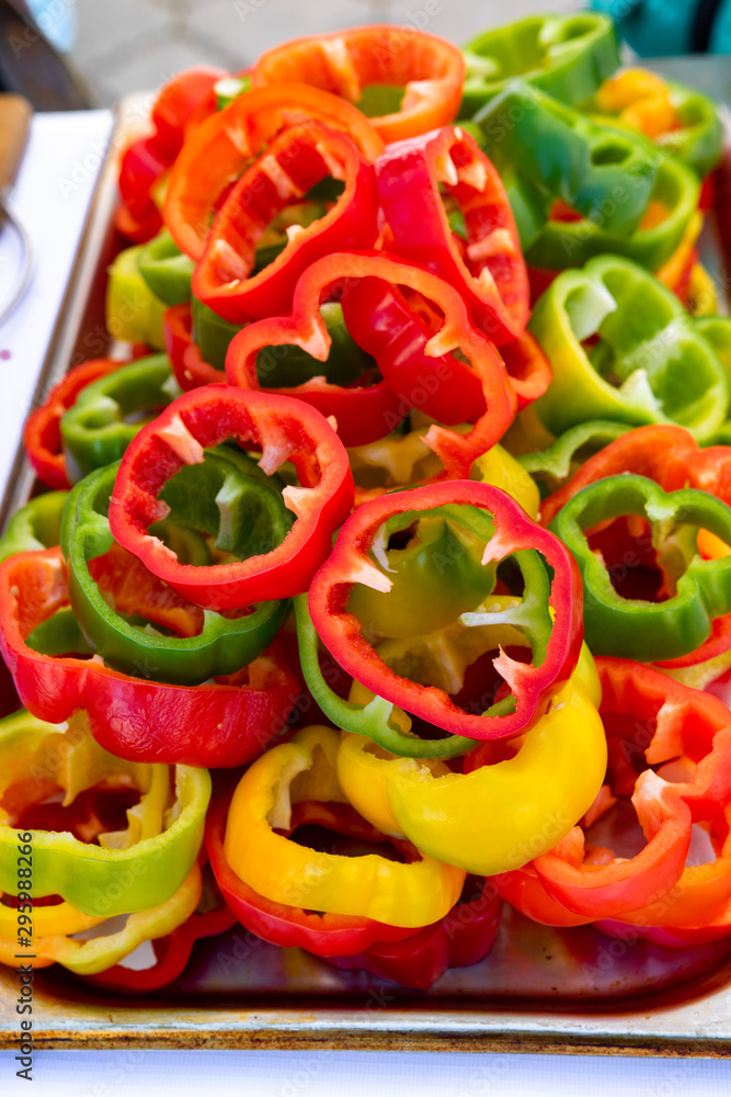 Bell pepper sliced in rings, red, green, yellow. Bell pepper sliced in rings, red, green, yellow.