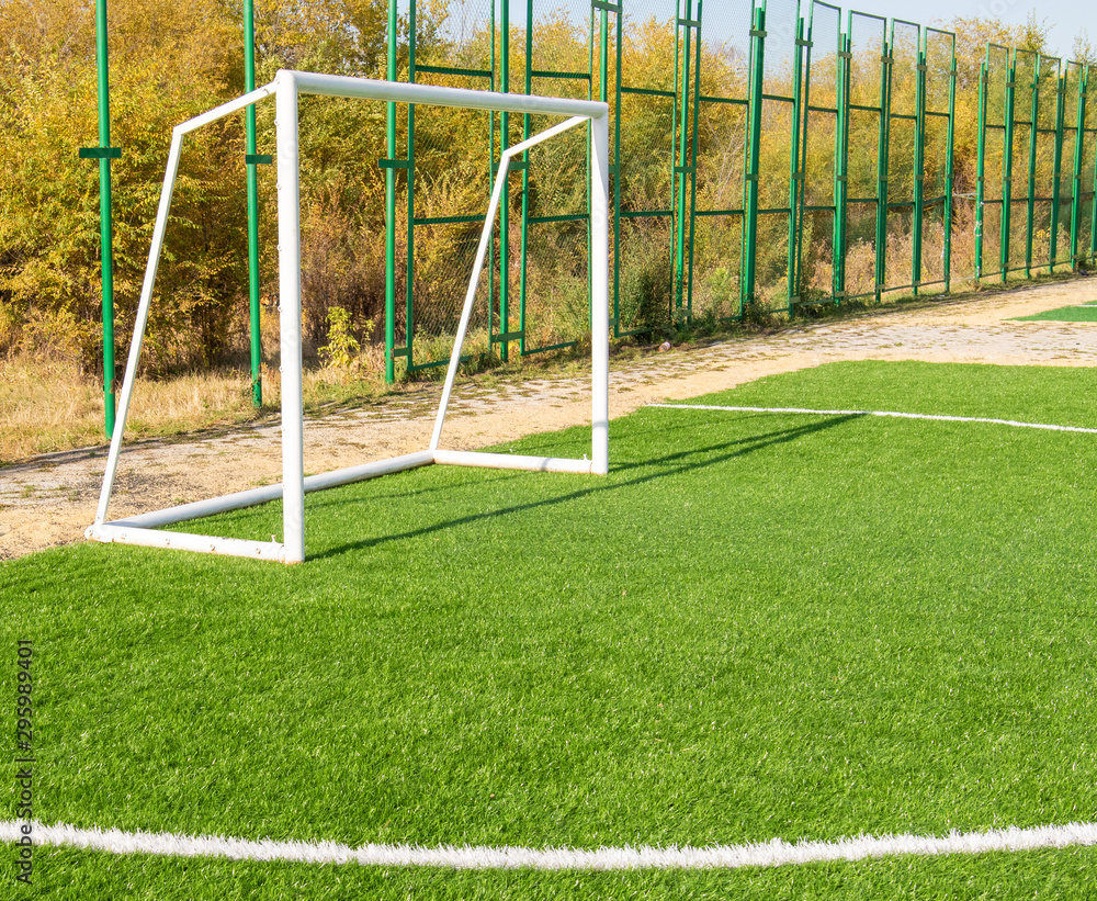 Futsal football field artificial turf on autumn nature.