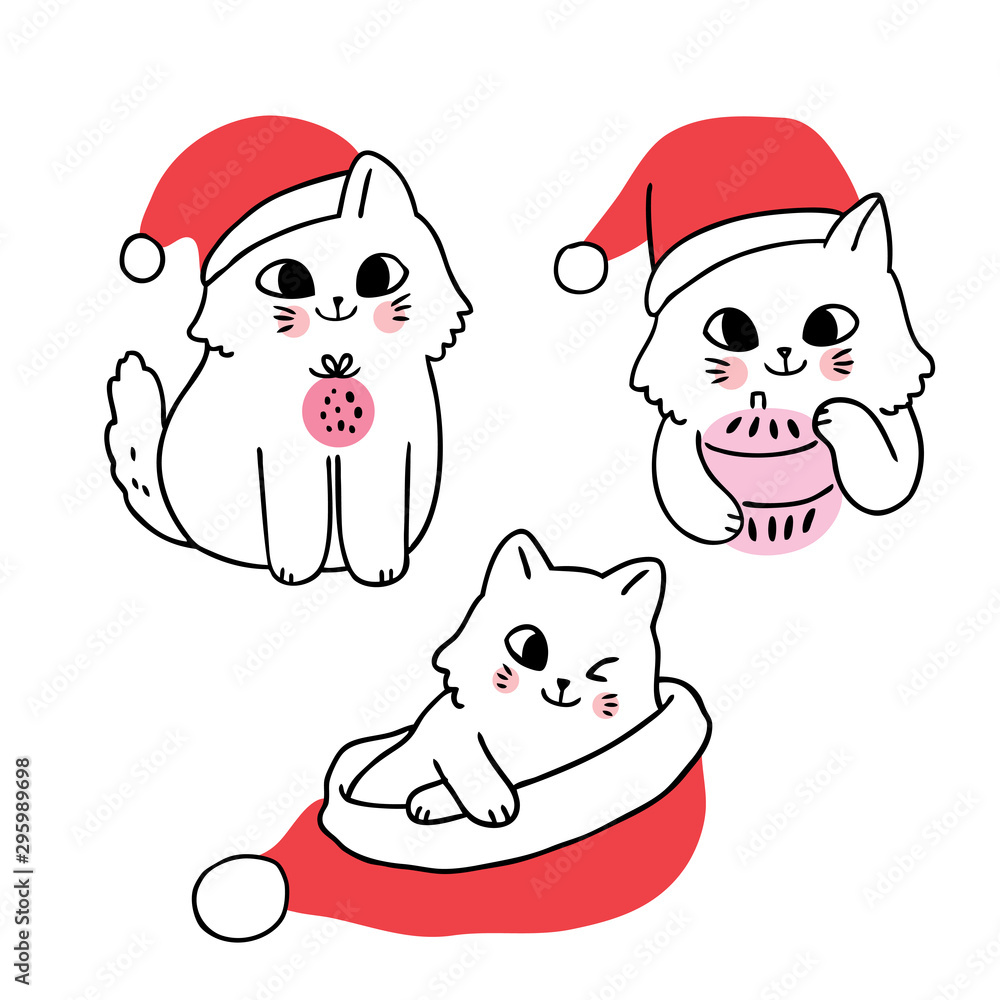 Cartoon cute Christmas cat and santa hat vector. Cartoon cute Christmas cat and santa hat vector.