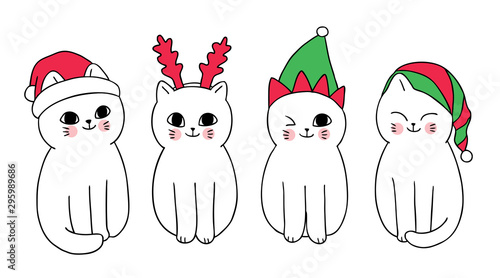 Cartoon cute Christmas cats and hat vector.