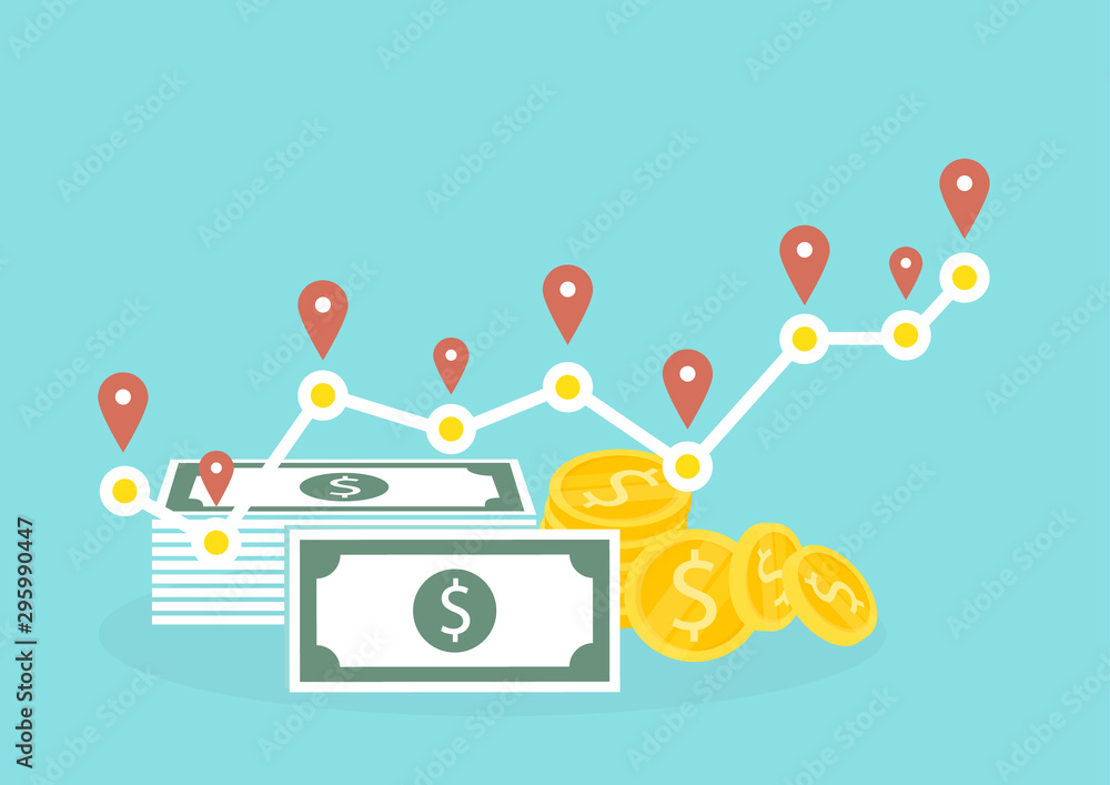 Obraz premium growth graph with stack of coin and banknote currency and good business chart. Concept of success financial investment and growth in business