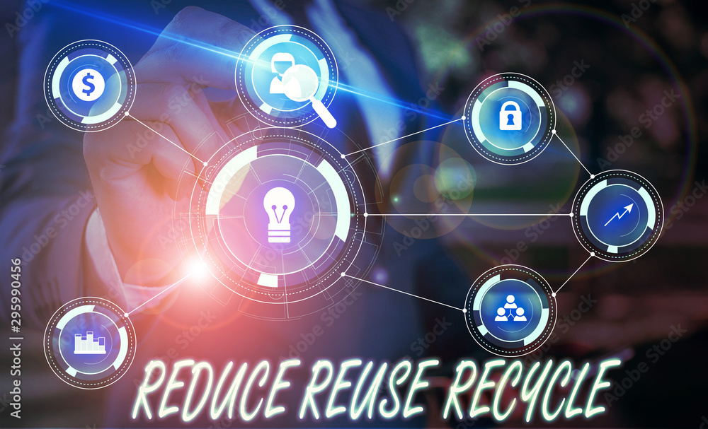 Obraz premium Writing note showing Reduce Reuse Recycle. Business concept for environmentallyresponsible consumer behavior Male wear formal suit presenting presentation smart device