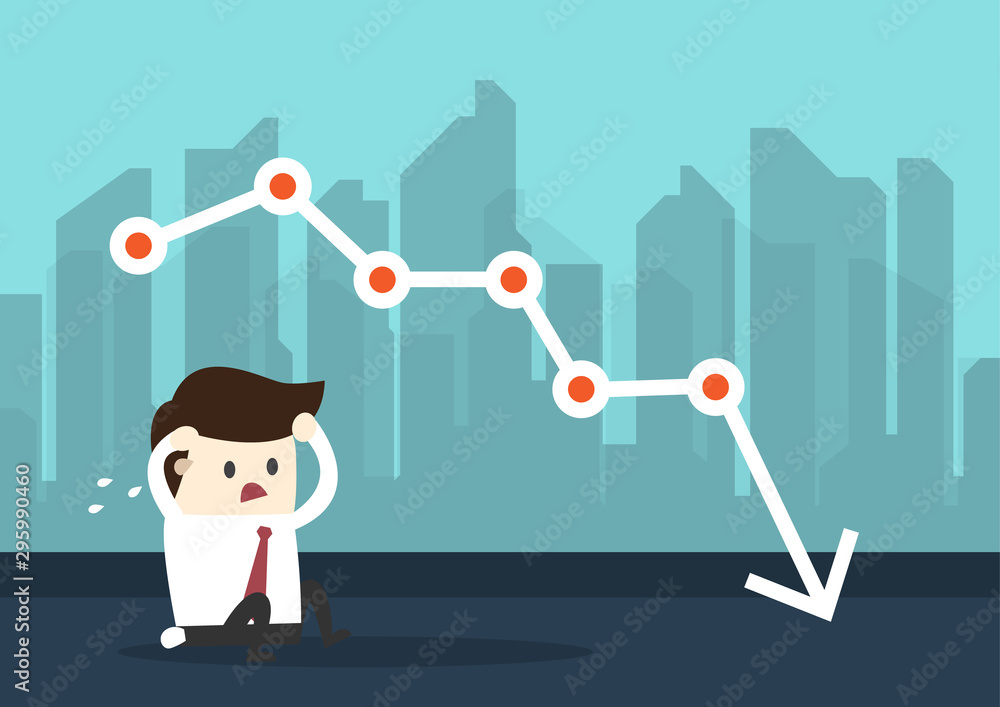 Naklejka premium Businessman sit with stock red down graph,with city background,stock crisis concept.