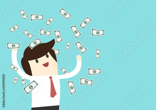 Happy young businessman in formalwear throwing money up,success rich concept