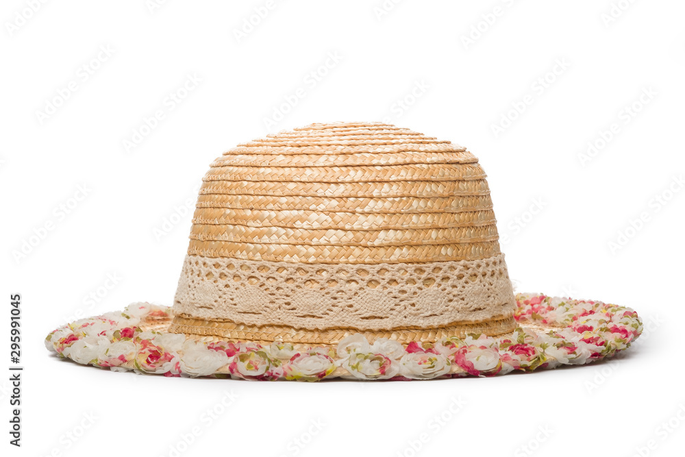 Wicker hat made from water hyacinth by handmade Decorated with floral pattern on white background. Wicker hat made from water hyacinth by handmade Decorated with floral pattern on white background.