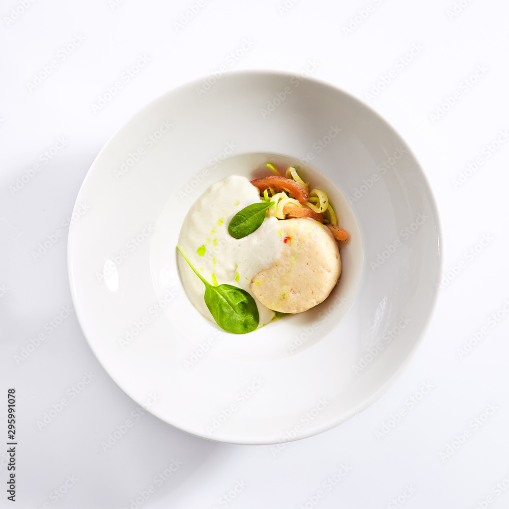 Kamchatka crab and scallop souffle top view Kamchatka crab and scallop souffle top view