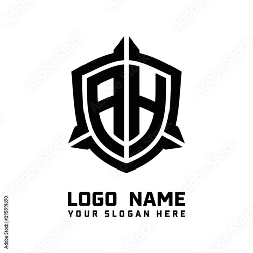 initial AH letter with shield style logo template vector. shield shape black monogram logo