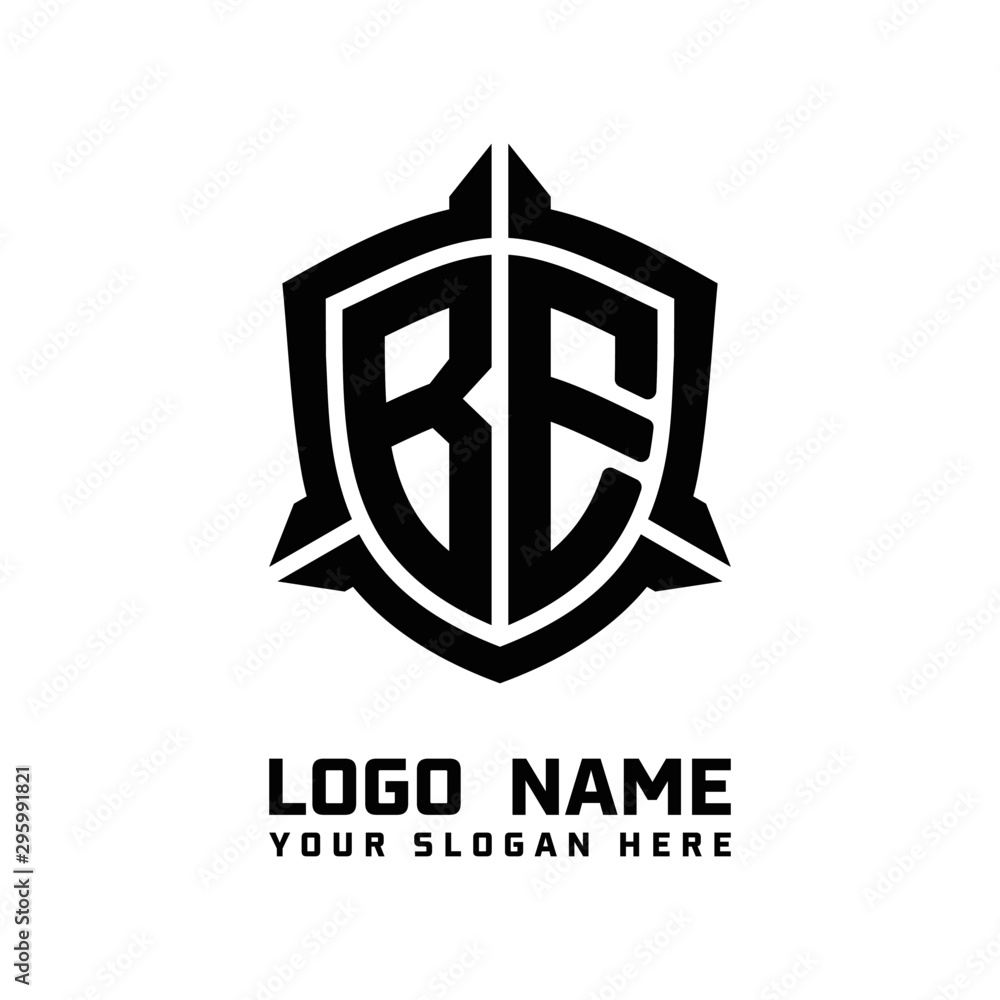 initial BE letter with shield style logo template vector. shield shape black monogram logo initial BE letter with shield style logo template vector. shield shape black monogram logo