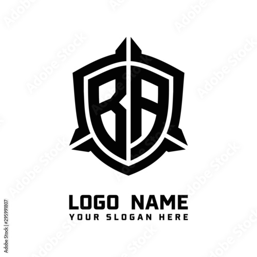 initial BA letter with shield style logo template vector. shield shape black monogram logo