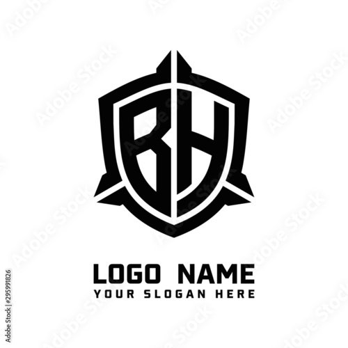 initial BH letter with shield style logo template vector. shield shape black monogram logo