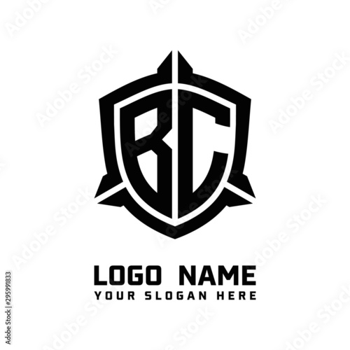 initial BC letter with shield style logo template vector. shield shape black monogram logo