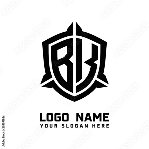 initial BK letter with shield style logo template vector. shield shape black monogram logo