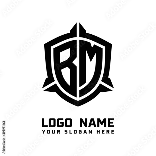 initial BM letter with shield style logo template vector. shield shape black monogram logo