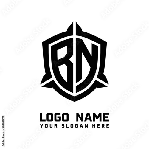 initial BN letter with shield style logo template vector. shield shape black monogram logo