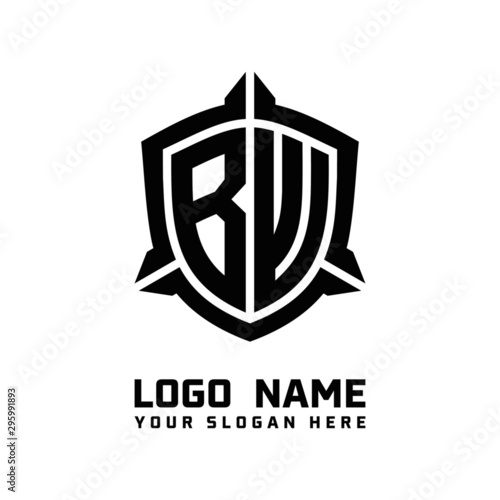 initial BW letter with shield style logo template vector. shield shape black monogram logo