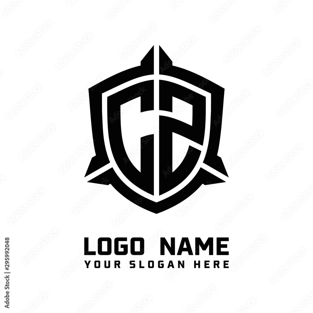 initial CZ letter with shield style logo template vector. shield shape black monogram logo