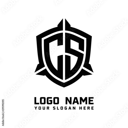 initial CS letter with shield style logo template vector. shield shape black monogram logo
