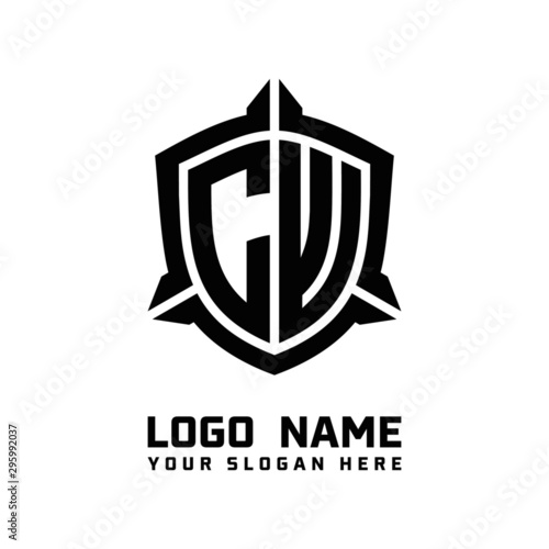initial CW letter with shield style logo template vector. shield shape black monogram logo
