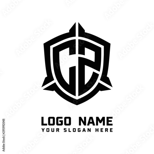 initial CZ letter with shield style logo template vector. shield shape black monogram logo