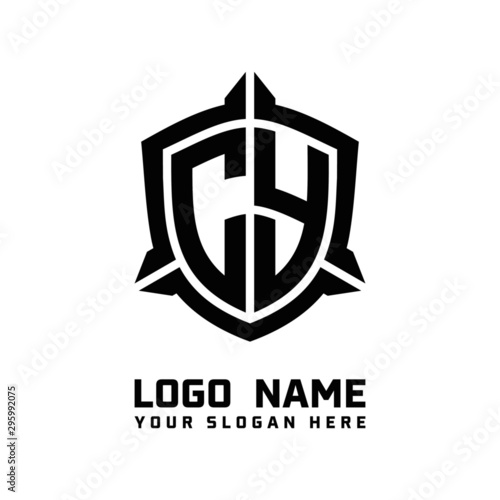 initial CY letter with shield style logo template vector. shield shape black monogram logo