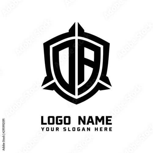 initial DA letter with shield style logo template vector. shield shape black monogram logo