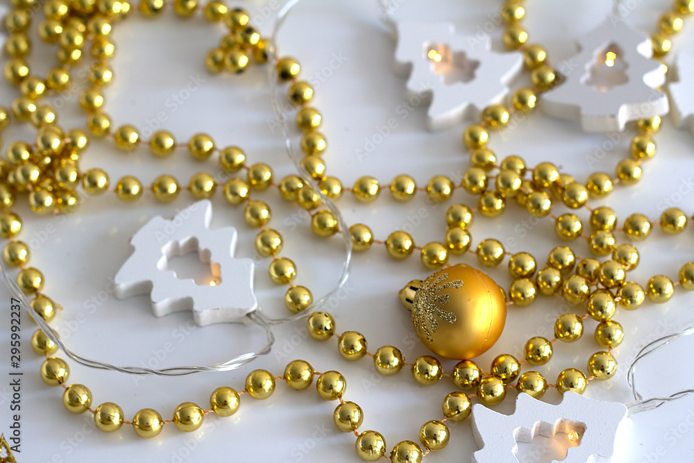 Christmas ball, Christmas white garland and beads Christmas ball, Christmas white garland and beads
