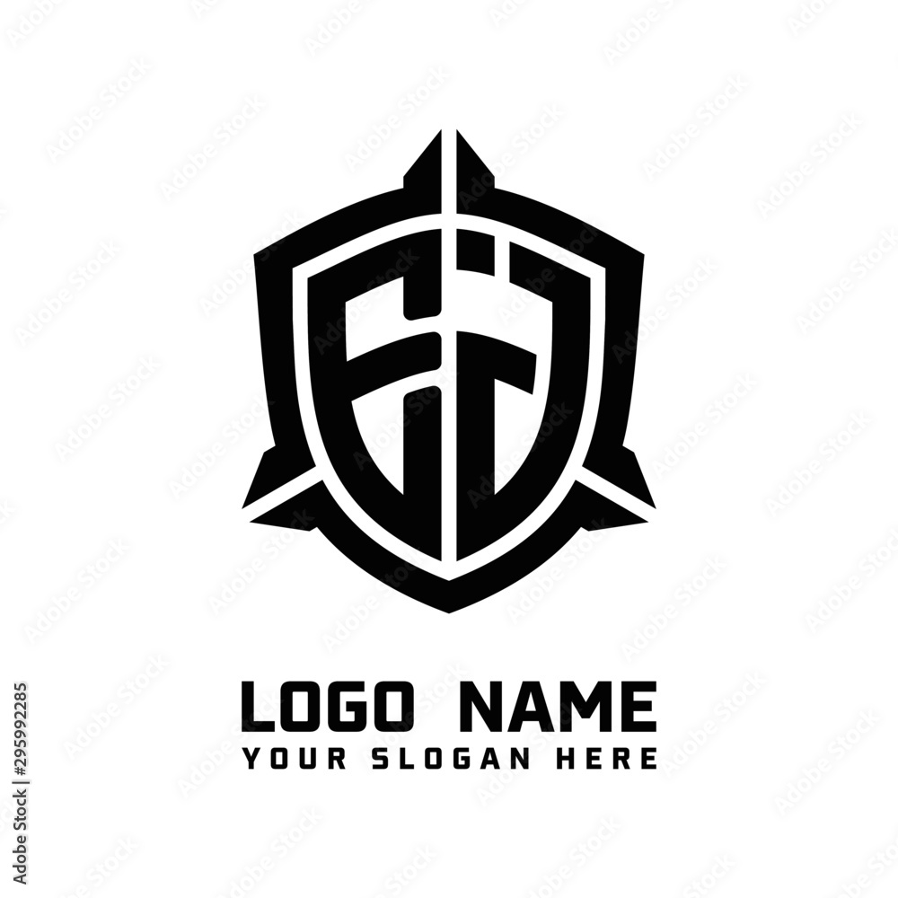 initial EJ letter with shield style logo template vector. shield shape black monogram logo initial EJ letter with shield style logo template vector. shield shape black monogram logo