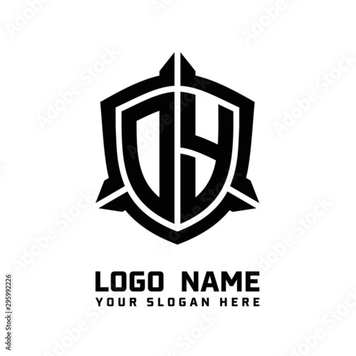 initial DY letter with shield style logo template vector. shield shape black monogram logo