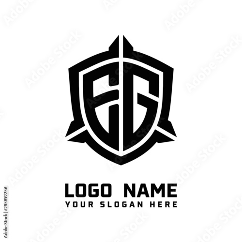 initial EG letter with shield style logo template vector. shield shape black monogram logo