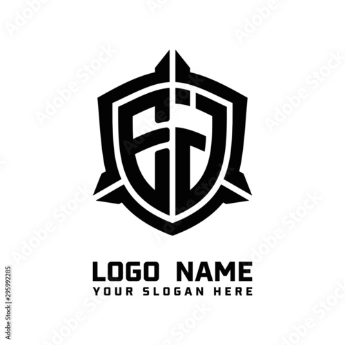 initial EJ letter with shield style logo template vector. shield shape black monogram logo