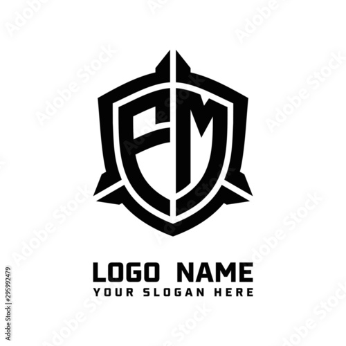 initial FM letter with shield style logo template vector. shield shape black monogram logo