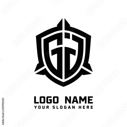 initial GJ letter with shield style logo template vector. shield shape black monogram logo