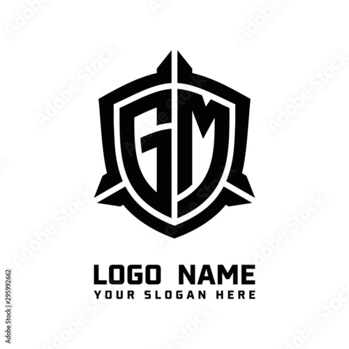 initial GM letter with shield style logo template vector. shield shape black monogram logo