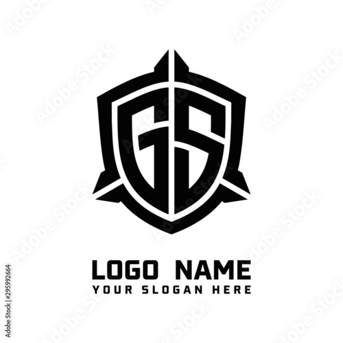 initial GS letter with shield style logo template vector. shield shape black monogram logo