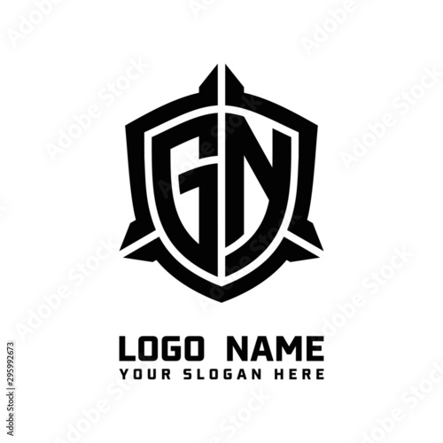 initial GN letter with shield style logo template vector. shield shape black monogram logo