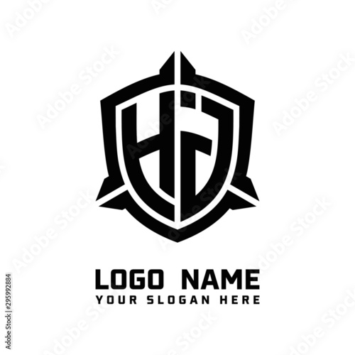 initial HJ letter with shield style logo template vector. shield shape black monogram logo