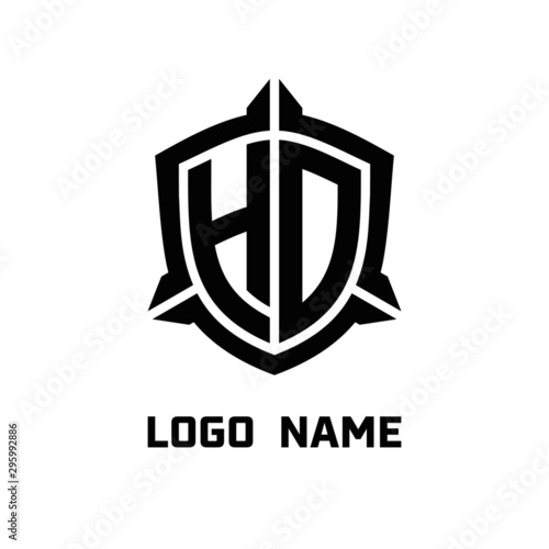 initial HD letter with shield style logo template vector. shield shape black monogram logo