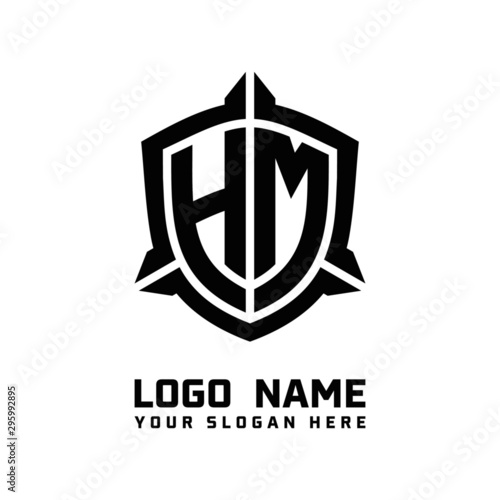 initial HM letter with shield style logo template vector. shield shape black monogram logo