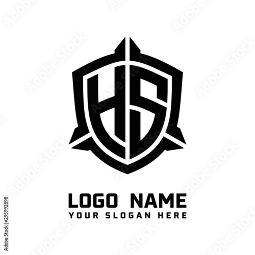 initial HS letter with shield style logo template vector. shield shape black monogram logo