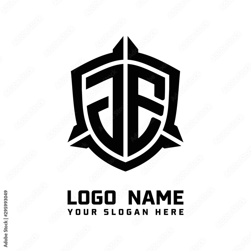 initial JE letter with shield style logo template vector. shield shape black monogram logo initial JE letter with shield style logo template vector. shield shape black monogram logo