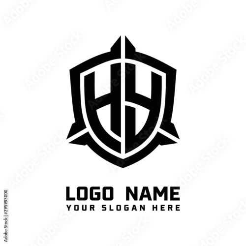 initial HY letter with shield style logo template vector. shield shape black monogram logo