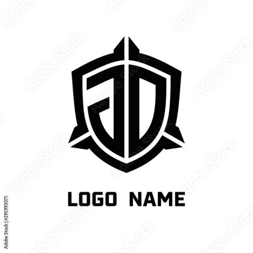 initial JO letter with shield style logo template vector. shield shape black monogram logo