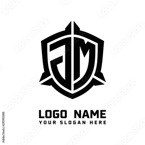 initial JM letter with shield style logo template vector. shield shape black monogram logo