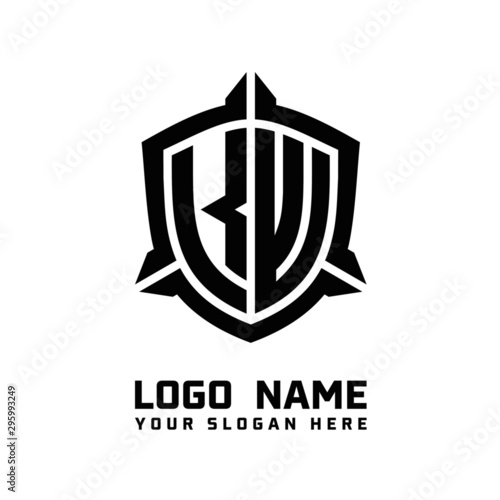 initial KW letter with shield style logo template vector. shield shape black monogram logo