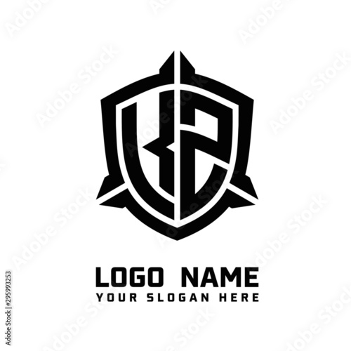 initial KZ letter with shield style logo template vector. shield shape black monogram logo