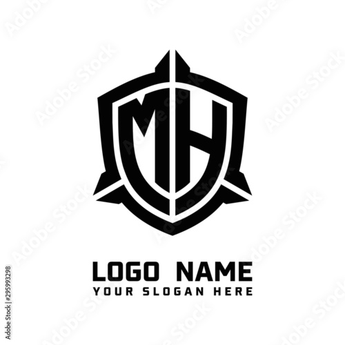 initial MH letter with shield style logo template vector. shield shape black monogram logo