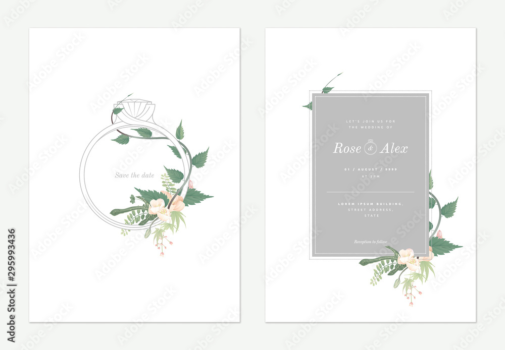 Flowers and foliage wedding invitation card template design, wedding ring decorated with white Japanese quince flowers and leaves on white