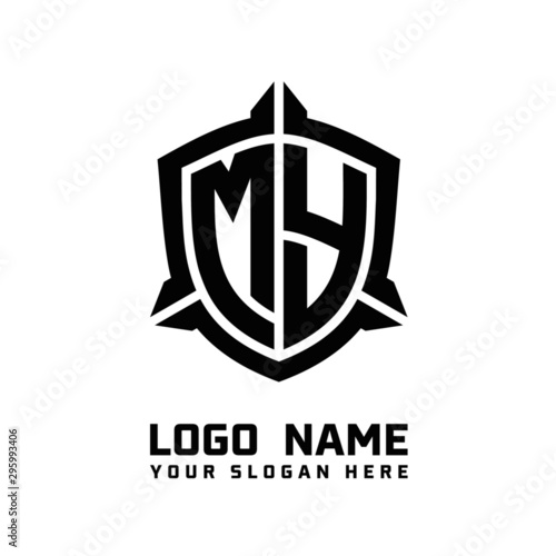 initial MY letter with shield style logo template vector. shield shape black monogram logo