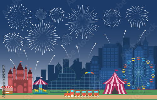 Amusement Park Circus Carnival Festival Fun Fair with Firework Landscape Illustration